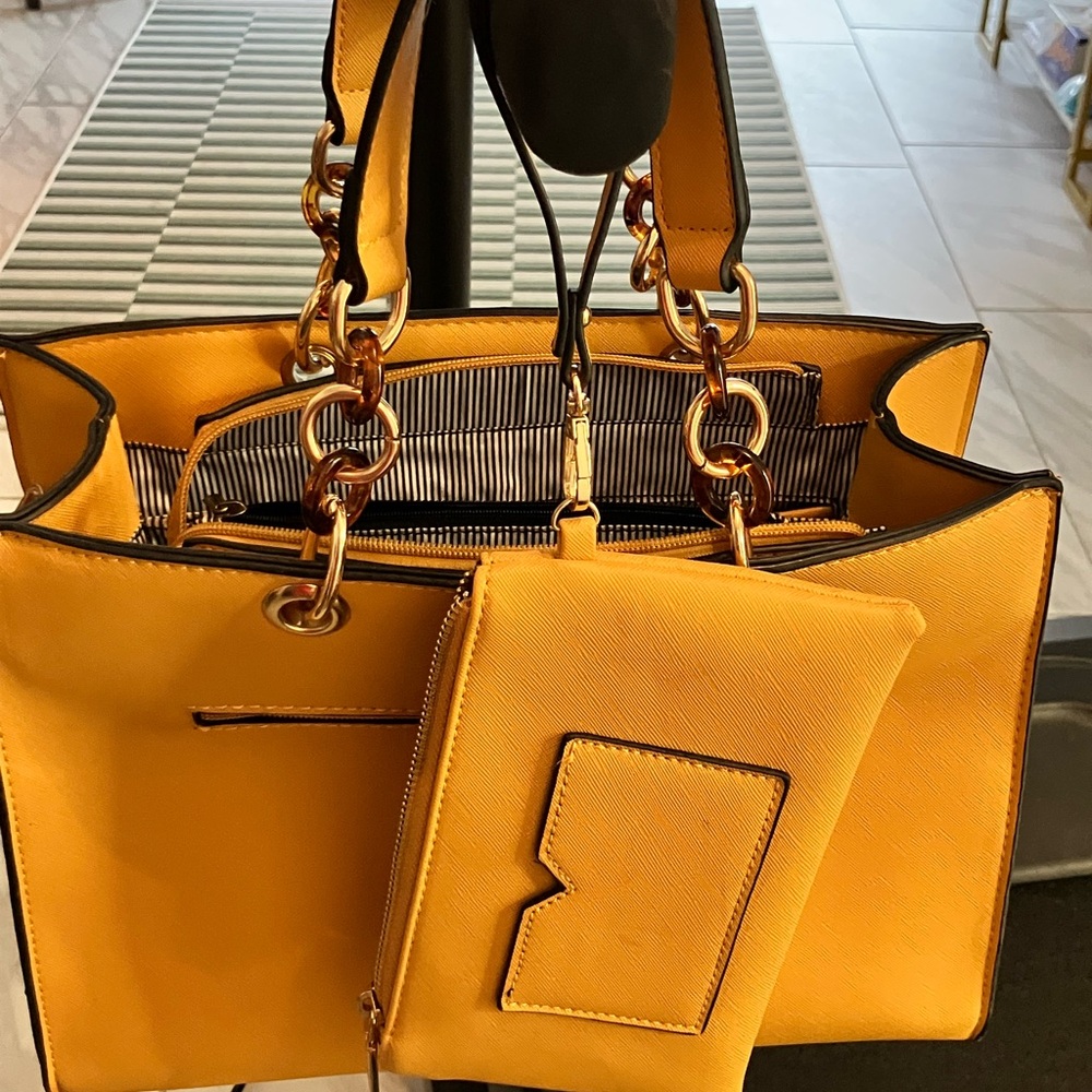 Vibrant Yellow Geometric Tote Bag with Silver Hardware